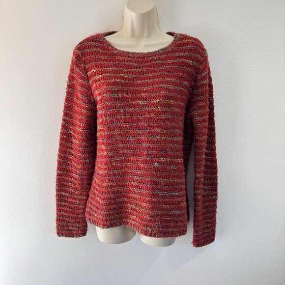 Talbots Sweater L Wool Blend Knit Red Rainbow Striped Nubby Chunky Knit Holiday - Picture 1 of 9